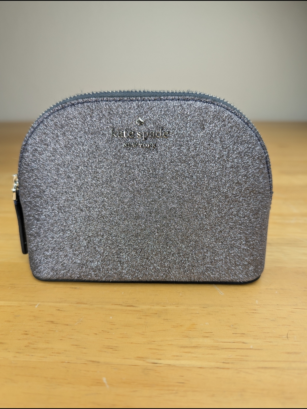 Kate Spade New York Lola Small Dome Silver Glitter Zip Pouch Makeup Cosmetic Bag